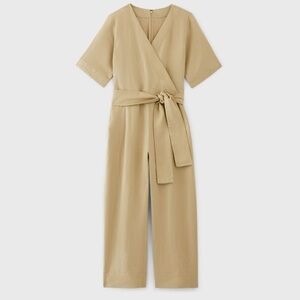 Everlane Wrap Wide Leg Jumpsuit Size 14 Khaki Cropped Flax Linen Lagenlook EUC